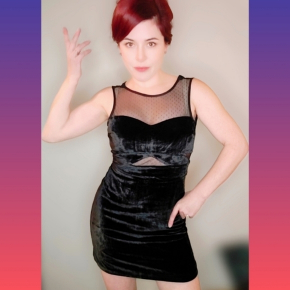 Express Black Velvet & Dobby Mesh Cutout mini dress, size 2 NWT